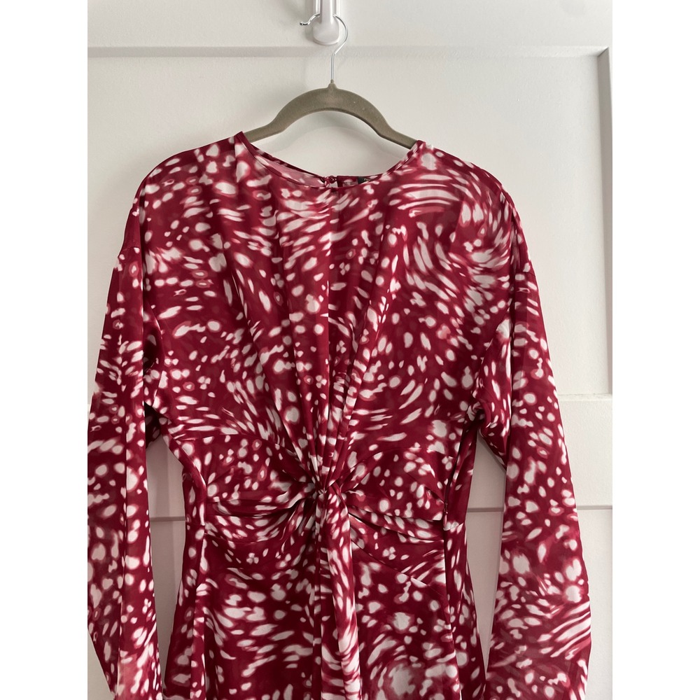 Maje Rivole Abstract Print Twist Front Midi Dress Burgundy White Long Sleeve - Picture 3 of 11